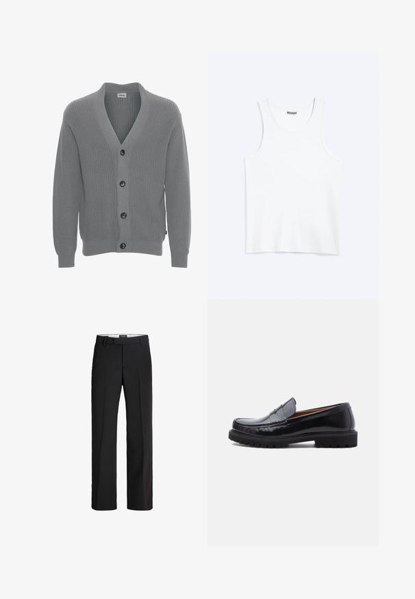 Solid SDGORE - Vest - griffin melange; Wit mouwloos hemdje met ronde hals en Weekday-merklabel aan de binnenkant van de achterkraag, plat weergegeven op een lichte achtergrond.; Zwarte broek met een verfijnde pasvorm; heeft een platte voorkant, twee zijzakken en een gladde textuur; gemaakt van een lichtgewicht, ademend materiaal.; Zwarte leren penny loafer met chunky rubberen zool en moc-toe stiksel, in profiel weergegeven op een witte achtergrond.