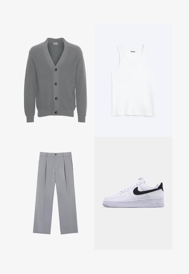 Solid SDGORE - Cardigan - griffin melange; Hvid ærmeløs tanktop med rund halsudskæring og Weekday-mærke på den indvendige baghals, vist fladt på lys baggrund.; Grå plisserede bukser med en afslappet pasform, lavet af et letvægtsstof. Har forlommer og en knaplukning i taljen.; Hvide lædersneakers med en struktureret sort Swoosh, flade snørebånd og en gummisål med et rillemønster. "AIR" er præget på hælen.