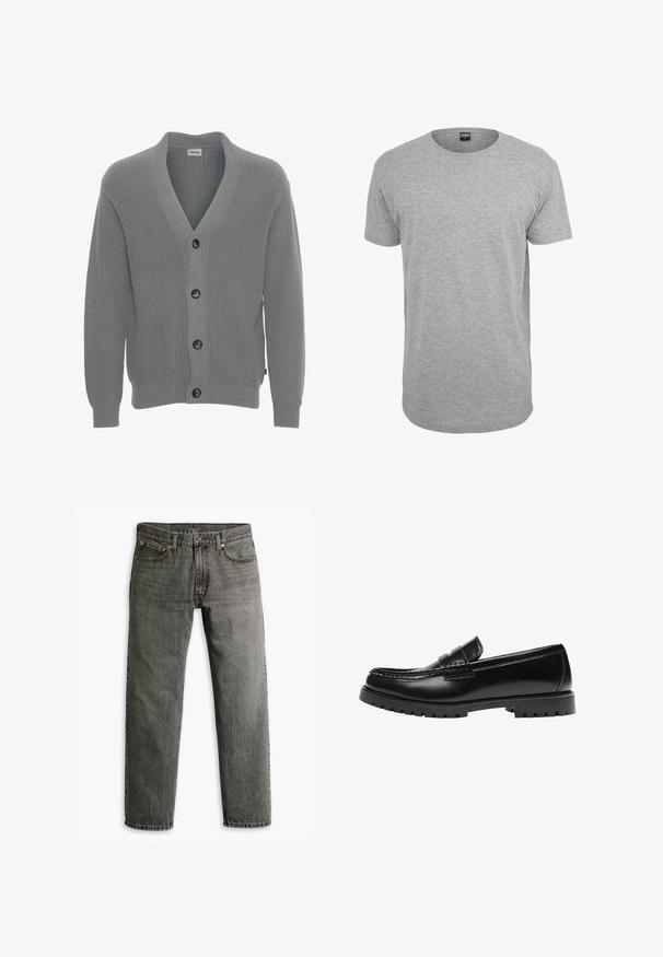 Solid SDGORE - Cardigan - griffin melange; Grå bomulds T-shirt med rund hals, korte ærmer, lige kant og en blød tekstur; minimal branding synlig ved halsudskæringen.; Grå denim jeans med lige ben-design, klassisk fem-lomme stil og diskret sømdetaljer på sømme og lommer.; Sort læderloafer med en kraftig gummisål og klassiske penny-strap detaljer, vist fra ydersiden.