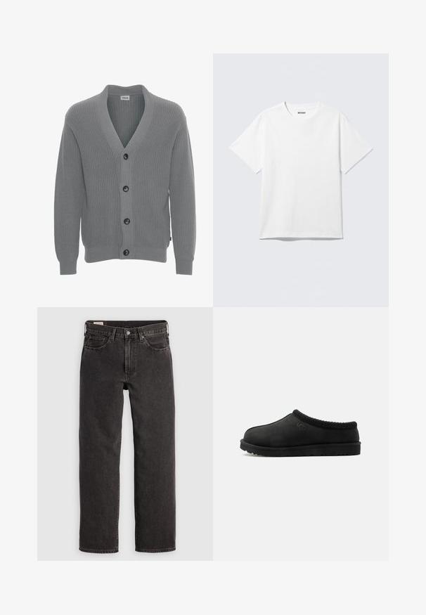 Solid SDGORE - Cardigan - griffin melange; Hvid kortærmet crewneck T-shirt lagt fladt ud, ensfarvet design, med "WEEKDAY" mærkat inde i kraven på en lys baggrund.; Sorte denim jeans med lige ben, fem lommer og metalbeslag. Stoffet har en let struktur og en ensfarvet finish.; Sort slip-on UGG-tøfler med en blød sål og strikket kant rundt kraven, sidevisning på hvid baggrund.