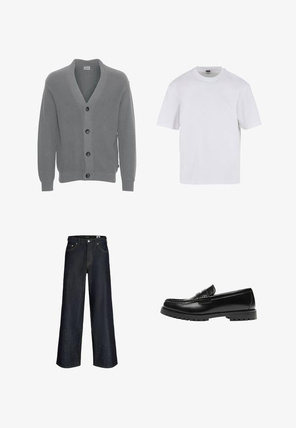 Solid SDGORE - Vest - griffin melange; Witte kraagloze t-shirt met korte mouwen, gemaakt van katoen. Heeft een ronde halslijn en een losse pasvorm. Soepele textuur, minimalistisch ontwerp, geen patronen of accenten.; Donkerblauwe wijde spijkerbroek met knoop aan de voorkant, zakken en zichtbare oranje stiksels op een witte achtergrond.; Zwarte leren loafer met een dikke rubberen zool en klassieke penny-strap details, gezien vanaf de buitenkant.