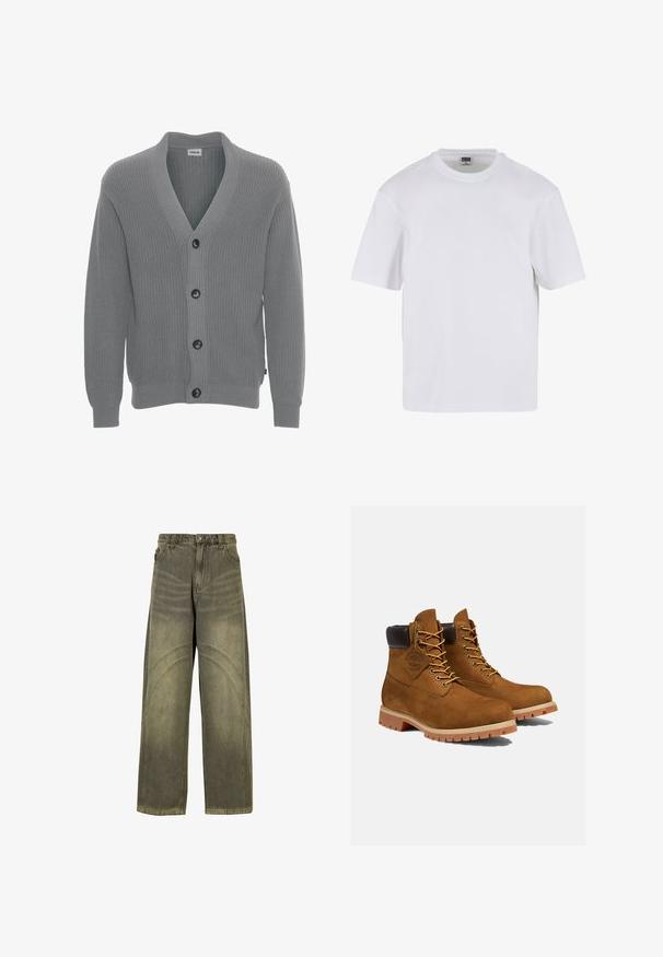 Solid SDGORE - Cardigan - griffin melange; Hvid kortærmet t-shirt lavet af bomuld. Har en rund halsudskæring og en afslappet pasform. Glat tekstur, minimalistisk design, ingen mønstre eller accenter.; Bredde ben jeans i olivengrøn denim med buede søm-detaljer, klassisk knaplukning og en falmet finish.; Brune ruskinds ankelstøvler med en polstret sort krave, gyldne snørehuller og en tyk gummisål med en mønster, der giver godt greb.
