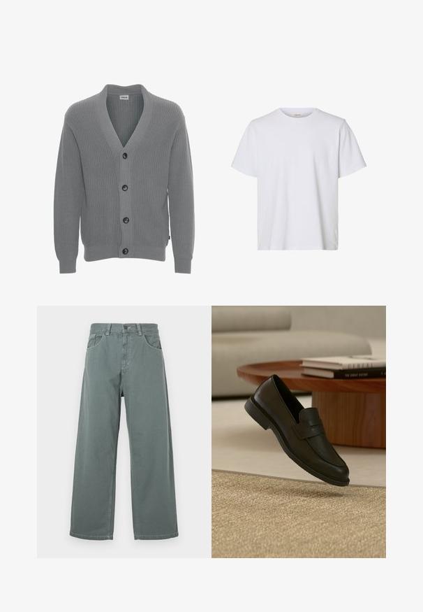 Solid SDGORE - Chaqueta de punto - griffin melange; Camiseta blanca lisa de manga corta con cuello redondo, ajuste regular y textura de tela suave, presentada sobre un fondo blanco.; Pantalones de pierna ancha en algodón verde apagado, con una cinturilla clásica, presillas para cinturón, bolsillos frontales y detalles de costura contrastantes.; Zapato mocasín de cuero negro mostrado en el aire sobre una alfombra beige tejida, con una mesa de madera y libros apilados en una sala de estar con luz suave.
