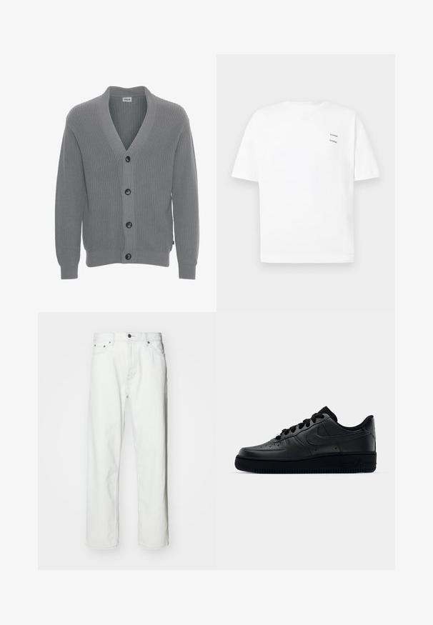 Solid SDGORE - Vest - griffin melange; Witte katoenen t-shirt met een relaxed fit, korte mouwen en een V-hals. Bevat twee kleine zwarte bedrukte logo's aan de linkerkant.; Witte denim jeans met een rechte snit, vijf-pocket ontwerp, knoopsluiting en subtiele stikseldetails. Gladde textuur en minimalistische stijl.; Zwarte Nike Air Force 1 sneaker met een gladde leren bovenkant, geperforeerde neus voor ademend vermogen, zwarte veters en een getextureerde rubberen zool.