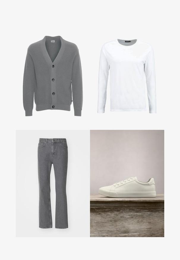 Solid SDGORE - Chaqueta de punto - griffin melange; Camiseta blanca de manga larga hecha de algodón, con cuello redondo y una textura suave. Sin patrones ni acentos. Diseño sencillo.; Vaqueros de mezclilla gris de pierna recta con bolsillos frontales, lazos para cinturón y un cierre de botón en la cintura, exhibidos sobre un fondo blanco.; Zapatilla blanca con cordones flotando sobre un banco de madera con follaje verde al fondo, mostrando el diseño y la textura del zapato.