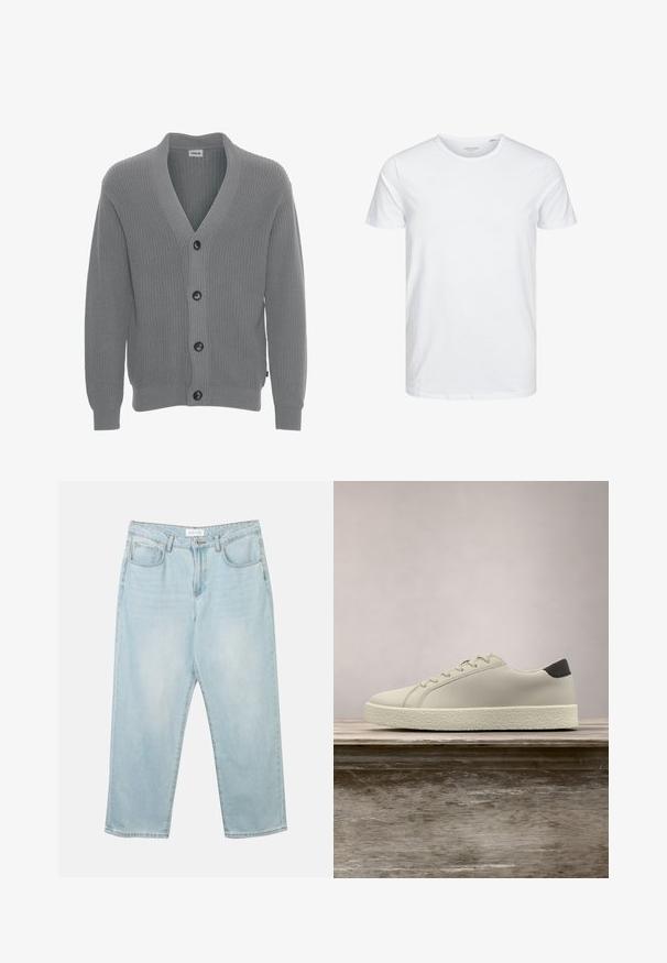 Solid SDGORE - Chaqueta de punto - griffin melange; Camiseta de manga corta y cuello redondo en blanco sólido, fabricada en algodón suave, presenta un diseño simple sin patrones ni acentos visibles.; Jeans de mezclilla azul claro con un corte relajado, cinco bolsillos, cierre de botón y ligeras desgastadas. La textura es suave y ligeramente usada.; Zapatilla blanca con suela texturizada y detalle negro en el talón, flotando sobre un banco de madera con hierba alta y verde de fondo.