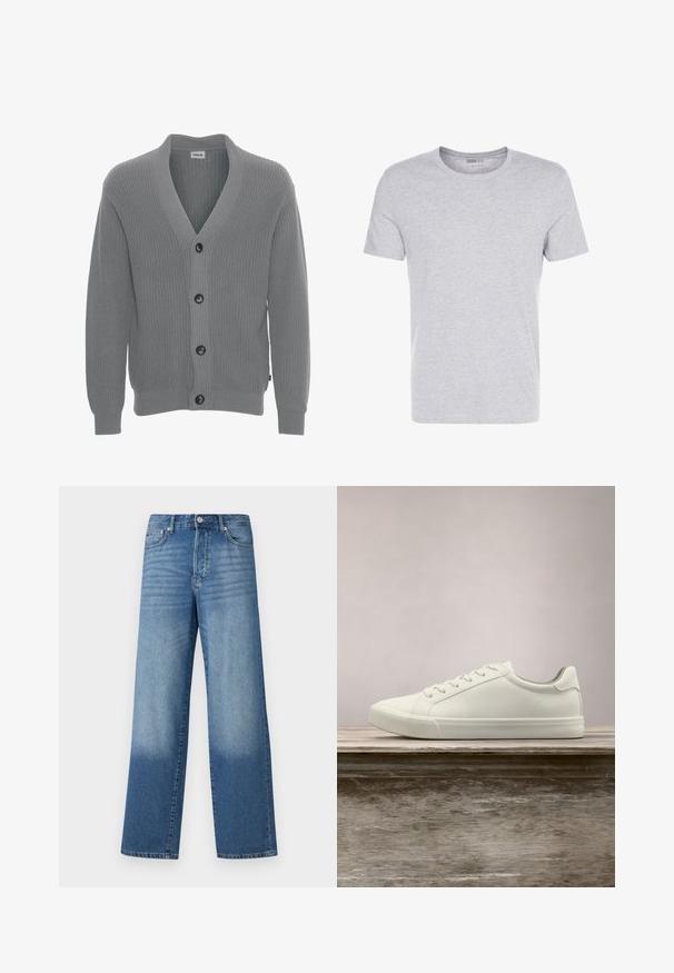 Solid SDGORE - Cardigan - griffin melange; Grå bomulds T-shirt med rund hals, korte ærmer og et enkelt design, som har en blød, glat tekstur uden synlige mønstre eller udsmykninger.; Blå højtaljede strækte jeans med falmede områder på lårerne og mørkere skygger nær kanten, synlig frontknap og lommer.; Hvide snørresneakers svævende over en træbænk med grønne planter i baggrunden, der fremhæver skodesign og tekstur.