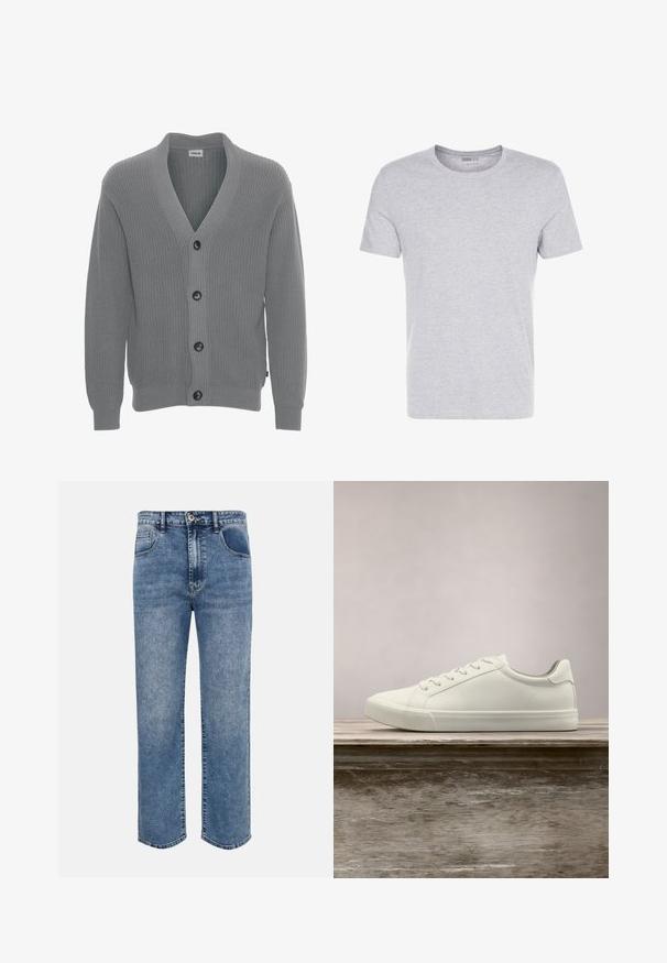 Solid SDGORE - Cardigan - griffin melange; Grå bomulds T-shirt med rund hals, korte ærmer og et enkelt design, som har en blød, glat tekstur uden synlige mønstre eller udsmykninger.; Blå denimjeans med lige ben, forlommer, bæltestropper, knaplukning og falmet vaskedetalje.; Hvide snørresneakers svævende over en træbænk med grønne planter i baggrunden, der fremhæver skodesign og tekstur.