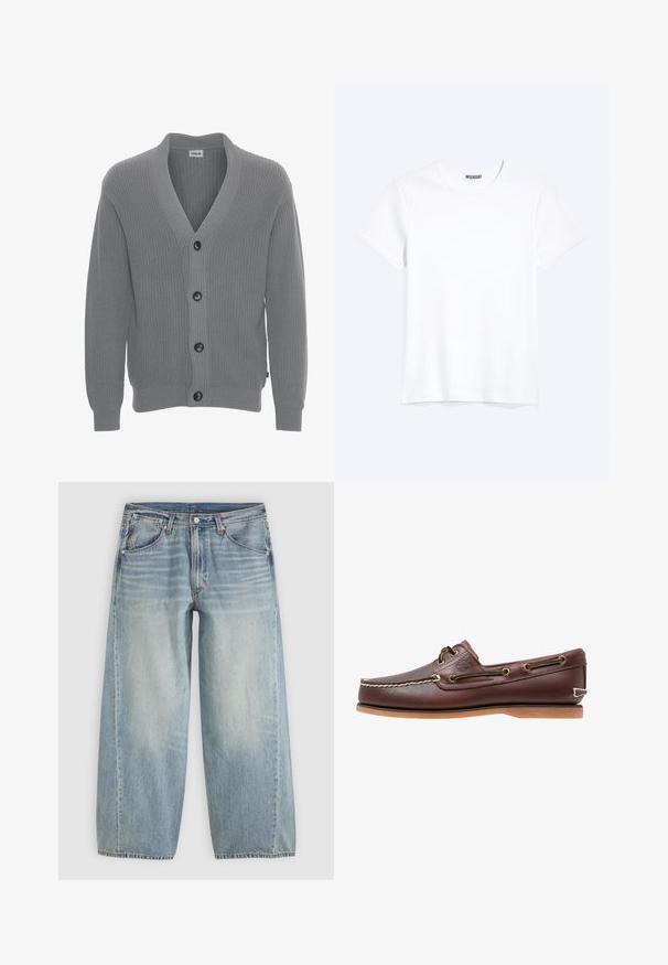 Solid SDGORE - Cardigan - griffin melange; Enkelt hvid T-shirt med korte ærmer og rund hals med synligt WEEKDAY-mærke i kraven, vist på en lys baggrund.; Lyseblå viddebenede cowboybukser med forlommer, bæltestropper, knaplukning og subtil falmning på lårene mod en ensfarvet baggrund.; Brun læder bådsko med hvide sømme, snøre detaljer og lysbrun gummisål, vist fra siden på hvid baggrund.