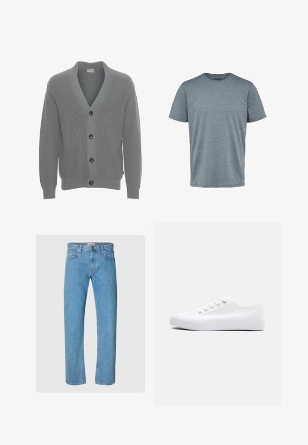 Solid SDGORE - Kardigán - griffin melange; Selected SLMASPEN ONECK TEE - Základné tričko - medium grey melange; Svetlomodré rifle z denimu majú rovný strih, päť vreciek a rozopínanie na zips so zapínaním na kovový gombík.; Nízke biele plátené tenisky s bielymi šnúrkami, gumovou podrážkou a kovovými očkami, zobrazené z vonkajšej strany na jednofarebnom pozadí.
