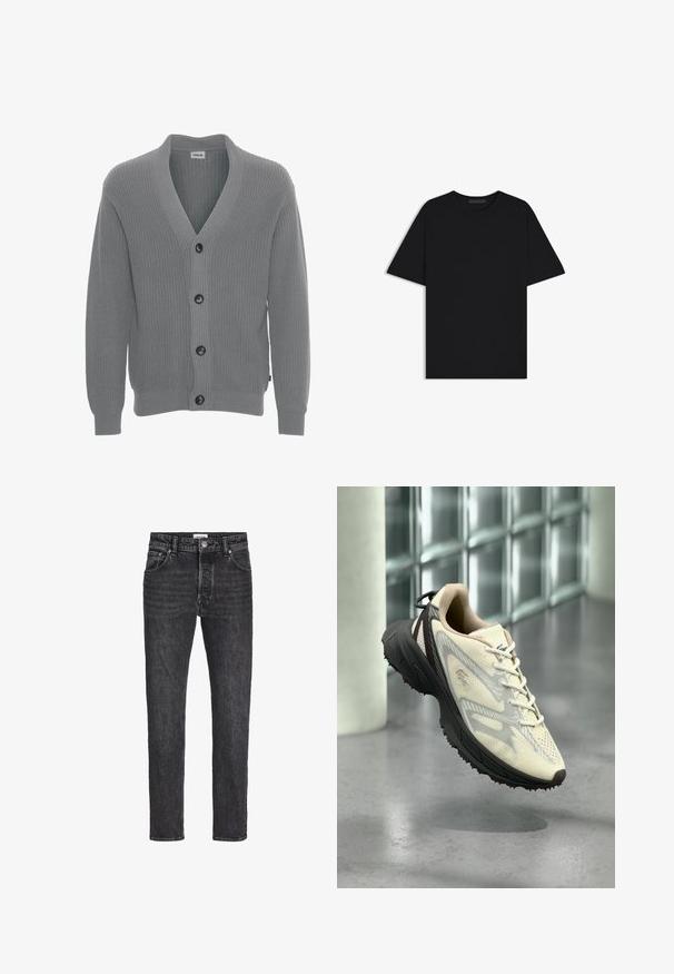 Solid SDGORE - Vest - griffin melange; Effen zwart T-shirt met korte mouwen en ronde hals, plat weergegeven tegen een witte achtergrond. Geen zichtbare logo's of ontwerpen.; Zwarte denim jeans met een rechte pijp, met een hoge taille, voorzakken en een metalen knoopsluiting. Versleten textuur overal.; Lichtbeige en grijze sportschoen met zwarte zool, zwevend in de lucht tegen een achtergrond van een betegelde muur en een grijze vloer.