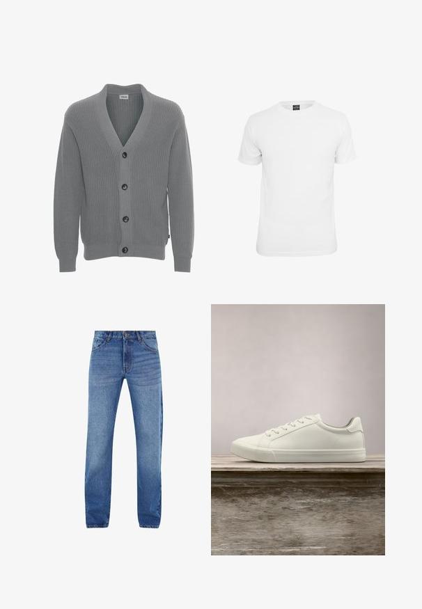 Solid SDGORE - Kardigan - griffin melange; Valge lühikeste varrukatega t-särk, valmistatud puuvillast, ümarate vahekohtadega ja sileda tekstuuriga, mõeldud igapäevaseks kandmiseks.; Sinised denim teksad sirge lõikega, viie tasku ja lukuga. Esiosas on kerge pleekimine, oranžid tikandid lisavad aktsenti.; Valged nööpidega ketsid, mis hõljuvad puidust pingil rohelise lehestiku taustal, näidates uue disaini ja tekstuuri.