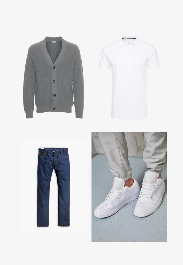 Solid SDGORE - Chaqueta de punto - griffin melange; Camisa polo blanca de algodón, con un cuello tradicional, mangas cortas y tapeta de tres botones con sutiles detalles en azul marino en el interior.; Jeans de mezclilla azul oscuro con un diseño de pierna recta, costuras en contraste, cierre de botón y estilo de cinco bolsillos.; Las zapatillas deportivas de cuero blanco cuentan con una caja de dedos perforada, cordones planos, un cuello acolchado y el logo de Jordan en la lengüeta. Las llevan puestas con pantalones joggers grises.