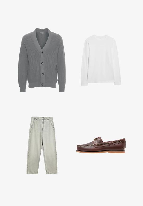 Solid SDGORE - Cardigan - griffin melange; Hvid langærmet T-shirt med rund hals og lige kant, lavet af glat stof, vist på en ensformig hvid baggrund.; Lysegrå jeans med lige ben, forlommer, bæltestropper og knappelukning, lagt fladt på en hvid baggrund.; Brun læder bådsko med hvide sømme, snøre detaljer og lysbrun gummisål, vist fra siden på hvid baggrund.