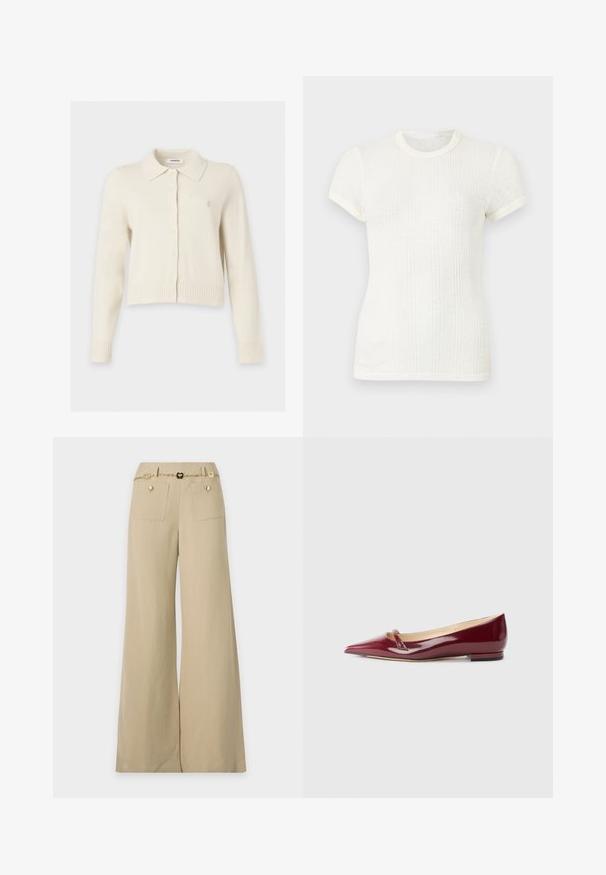 Cardigan crème à manches longues avec col et boutons sur le devant, avec un petit logo brodé sur la poitrine.; T-shirt blanc en maille côtelée à manches courtes avec col rond et manches légèrement bouffantes.; Pantalon beige à jambes larges avec poches plaquées à l'avant et ceinture chaîne dorée décorative avec maillons en forme de cœur.; Ballerines en cuir verni bordeaux avec un bout pointu, présentant un petit détail découpé et un petit talon. Texture lisse et design épuré.