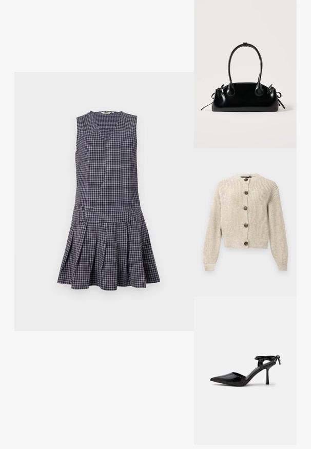 Gilet en tricot beige avec des manches longues et cinq grands boutons marron sur le devant, présentant un col et des poignets côtelés.; Robe à carreaux bleu marine avec un décolleté en V, sans manches, jupe plissée et taille structurée. Fabriquée en tissu léger.; Chaussure à talon haut en cuir verni noir avec bout pointu et bride de cheville nouée à l'arrière, présentée sur un fond blanc uni.; Petit sac à main noir brillant avec deux longues anses et des détails à cordon sur les côtés sur un fond clair uni.