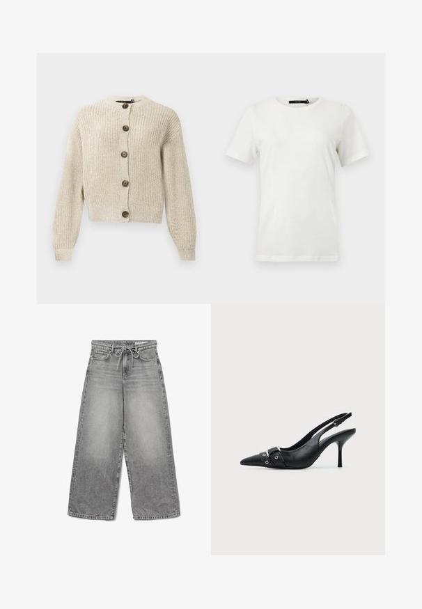 Gilet en tricot beige avec des manches longues et cinq grands boutons marron sur le devant, présentant un col et des poignets côtelés.; T-shirt blanc uni à manches courtes avec encolure ronde, ourlet droit, présenté à plat sur un fond clair.; Jean en denim gris à jambes larges avec une finition délavée, taille à cordon de serrage et design classique à cinq poches, présentant des détails de couture visibles.; Escarpin slingback à talon haut en cuir noir avec bout pointu, boucle et détail de bride œillet à l'avant.