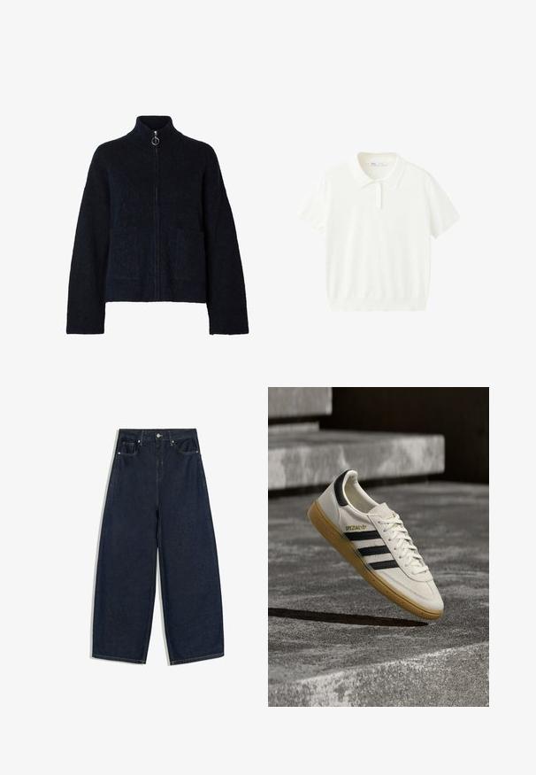 Sort, blød jakke med lynlås, høj krave, lange ærmer, to forlommer og sølvfarvet ring på lynlåsen.; Hvid poloshirt med korte ærmer, krave og tre knapper foran, enkel design, lavet af blødt stof.; Mørkeblå vidde jeans med knap og lommer foran, vist fladt på en hvid baggrund.; Hvid Adidas Spezial sneaker med sorte striber og gummisål, svævende over grå stentrin udendørs.