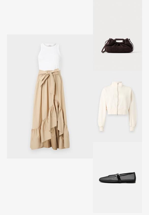 Veste courte écrue à manches longues, col montant, fermeture éclair devant, poignets et ceinture côtelés sur fond uni.; Robe débardeur blanche avec jupe beige taille haute, ourlet à volants et large ceinture nouée en nœud à la taille.; Ballerine noire en mesh avec bout rond et bride Mary Jane réglable avec boucle argentée, sur un fond gris clair uni.; Sac à main marron foncé texturé avec poignée ajourée rectangulaire et bandoulière amovible sur fond clair uni.