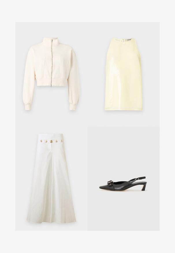Veste courte écrue à manches longues, col montant, fermeture éclair devant, poignets et ceinture côtelés sur fond uni.; Haut sans manches de couleur jaune clair avec une texture lisse, doté d'un panneau brillant à l'avant et d'une petite fermeture éclair au dos.; Pantalon blanc à jambes larges avec taille haute et breloques dorées sur le thème de la mer attachées à la ceinture, comprenant des étoiles de mer et des coquillages.; Chaussure slingback en cuir noir avec un bout pointu, un petit talon et un détail de boucle décoratif sur le dessus. Texture lisse, design minimaliste.