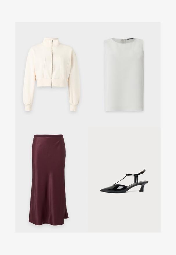 Veste courte écrue à manches longues, col montant, fermeture éclair devant, poignets et ceinture côtelés sur fond uni.; Blouse blanche sans manches avec encolure ronde et fermeture éclair visible dans le dos, présentée sur fond blanc uni.; Jupe midi en satin bordeaux foncé avec une légère évasement et une fente latérale subtile, dotée d'une ceinture lisse.; Chaussure slingback en cuir verni noir à bout pointu avec bride en T et petit talon bloc incliné sur fond blanc.