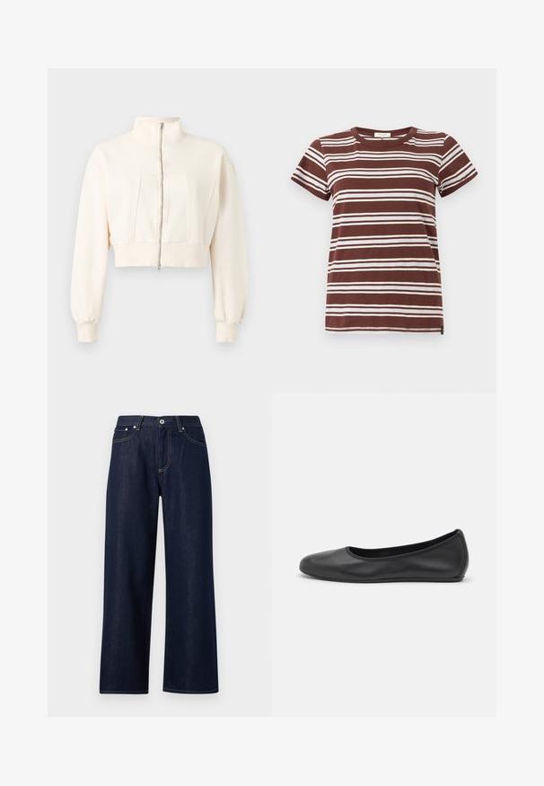 Veste courte écrue à manches longues, col montant, fermeture éclair devant, poignets et ceinture côtelés sur fond uni.; T-shirt marron à rayures avec des rayures blanches horizontales, manches courtes et col rond classique en coton doux.; Jean large en denim bleu foncé avec bouton frontal, fermeture à glissière, passants pour ceinture, et coutures visibles jaunes sur les poches et les coutures.; Ballerines en cuir noir avec un bout rond, texture lisse, détails de couture minimalistes et design de semelle flexible.