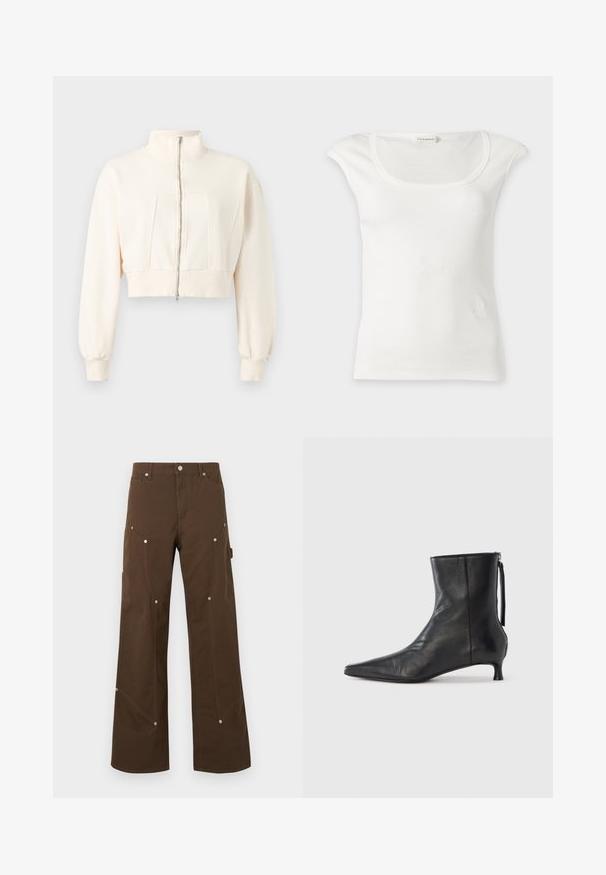 Veste courte écrue à manches longues, col montant, fermeture éclair devant, poignets et ceinture côtelés sur fond uni.; Haut blanc sans manches côtelé avec un col rond et de petites épaulettes, présenté sur un fond clair uni.; Pantalon droit marron avec poches avant et latérales, rivets argentés, passants de ceinture et fermeture par bouton sur fond blanc.; Bottine en cuir noir à bout pointu, forme structurée et petit talon. Dispose d'une fermeture éclair latérale et d'un design minimaliste.