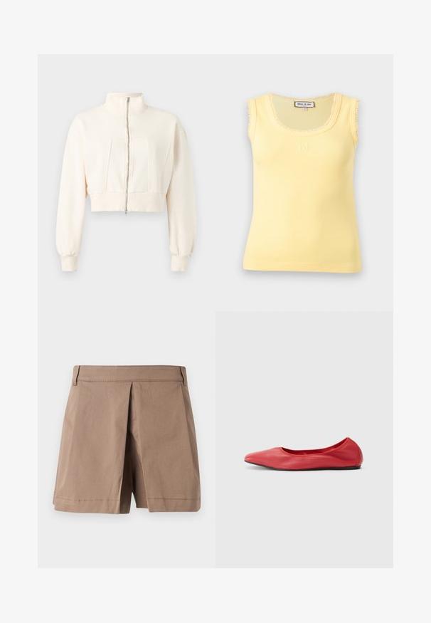 Veste courte écrue à manches longues, col montant, fermeture éclair devant, poignets et ceinture côtelés sur fond uni.; Haut sans manches jaune en maille côtelée avec encolure dégagée bordée de dentelle et logo "PJ" brodé centré sous l'encolure.; Shorts beige sur mesure avec pli central à l'avant, passants de ceinture et surpiqûres à l'ourlet, présentés sur un fond gris clair uni.; Filippa K REY FLATS - Ballerines - bright red