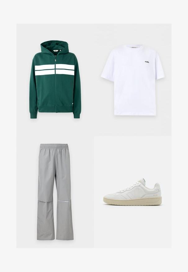 Groene ritshoodie van zacht materiaal, met een gevoerde capuchon en twee witte horizontale strepen over de borst. Geribbelde boorden en onderkant.; Witte T-shirt met korte mouwen en ronde hals, met een klein zwart ellesse-logo op de linkerborst, tegen een effen achtergrond.; Lichtgrijze waterdichte regenbroek met elastische tailleband en reflecterende strip aan de rechterpijp, ontworpen voor buitengebruik.; Witte leren sneakers met een gestructureerde afwerking en een gevoerde kraag. Voorzien van een beige rubberen zool en subtiele branding op de hiel en zijkant.