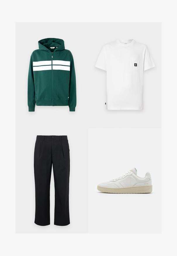 Sudadera verde con cremallera fabricada en una tela suave, que cuenta con una capucha forrada y dos franjas horizontales blancas en el pecho. Puños y dobladillo de canalé.; Camiseta blanca de algodón con cuello redondo, mangas cortas y un bolsillo en el pecho con un parche de logo negro. Textura suave, ajuste relajado.; Pantalones negros de corte recto, con pliegues en la parte delantera, cierre de botón y textura de tela suave.; Zapatillas blancas de cuero con un acabado texturizado y cuello acolchado. Cuentan con una suela de goma beige y un sutil logotipo en el talón y el lado.