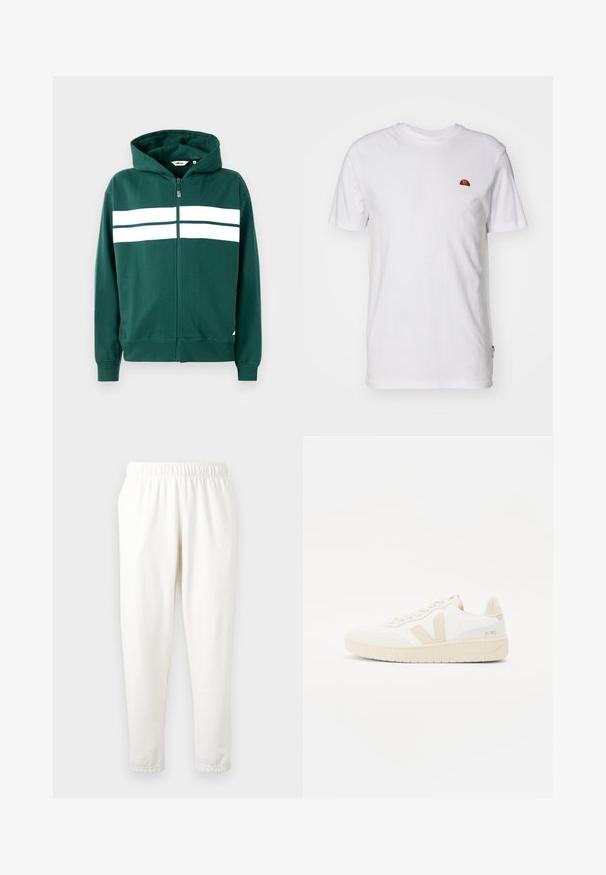 Groene ritshoodie van zacht materiaal, met een gevoerde capuchon en twee witte horizontale strepen over de borst. Geribbelde boorden en onderkant.; Eenvoudig wit T-shirt met korte mouwen met een klein rood-oranje halve cirkel logo op het bovenste linkerborstgedeelte.; Elastische taille crèmekleurige joggingbroek met taps toelopende pijpen, gemaakt van zacht materiaal. Heeft een gladde textuur en geen zichtbare patronen of accenten.; Witte sneaker met beige accenten, voorzien van een gestructureerde bovenkant, ronde neus en een dikke rubberen zool. Het ontwerp bevat het iconische V-logo en merkbranding.