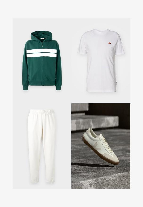 Sudadera verde con cremallera fabricada en una tela suave, que cuenta con una capucha forrada y dos franjas horizontales blancas en el pecho. Puños y dobladillo de canalé.; Camiseta sencilla blanca de manga corta con un pequeño logo semicircular rojo y naranja en la parte superior izquierda del pecho.; Pantalones de chándal de color crema con cintura elástica y piernas cónicas, confeccionados en un material suave. Presentan una textura lisa y sin patrones o acentos visibles.; Zapatillas blancas de cuero con suela de goma color beige, cordones planos y un acento en forma de V en el costado. Presentan una superficie lisa y detalles mínimos de costura.