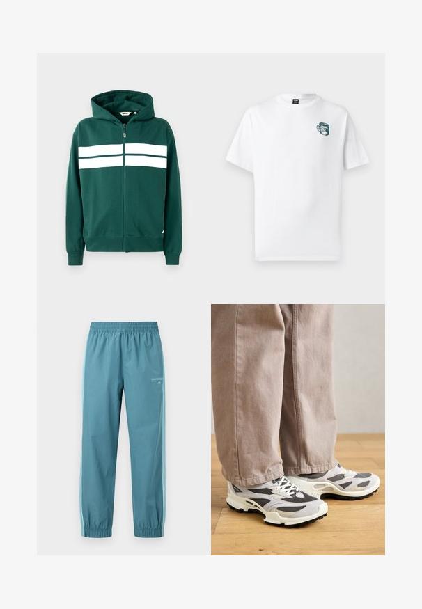 Grüne Zip-Hoodie aus weichem Stoff, mit gefütterter Kapuze und zwei weißen horizontalen Streifen über der Brust. Ribbed Bündchen und Saum.; Weißes T-Shirt mit kurzen Ärmeln, kleinem grünen Becher-Design und "The North Face"-Logo auf der linken Brust.; Hellblaue Sporthose mit elastischem Bund und Bündchen, weißen Seitenstreifen und New Balance-Logo am oberen linken Oberschenkel.; Person, der beiger weit geschnittener Hose und grau-weißen Sneakern steht auf einem Holzboden.