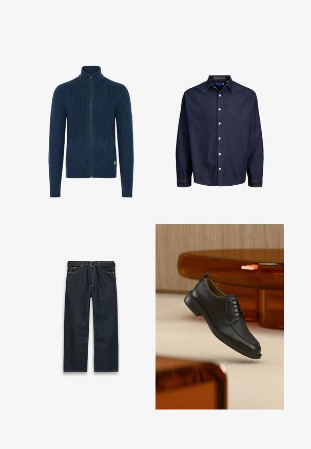 Strikket navy zip-up sweater med høj krave, der har ribbet tekstur og sidelommer. Afsluttet med en metal lynlås og logo-tag.; Mørkeblå denimskjorte med knaplukning foran, lange ærmer og klassisk krave, med hvide knapper og kontrasterende syninger.; Mørkeblå straight-leg jeans i denim med bæltestropper og sort bælte, forlommer og synlige syninger på en hvid baggrund.; Sort lædersko med snørebånd og tekstureret front, svævende over beige tæppe i et moderne rum med møbler i ravfarvet toning.