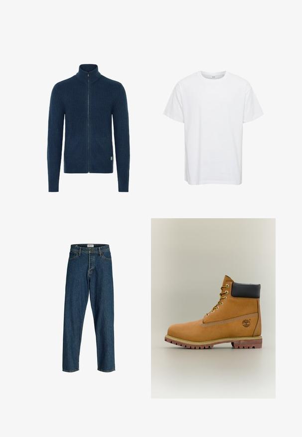 Gebreide marineblauwe zip-up trui met hoge kraag, voorzien van een ribbelstructuur en zijzakken. Afgewerkt met een metalen rits en een logo label.; Witte katoenen t-shirt met korte mouwen, ronde hals en een relaxte pasvorm. Soepele textuur, geen patronen of accenten. Eenvoudig ontwerp.; Blauwe spijkerbroek met een rechte snit, vijf zakken ontwerp en metalen knoopsluiting. Kenmerkt een lichte vervaging en contrasterende stiksels.; Bruine leren enkellaars met zwarte kraag, gele veters en een zandkleurige zool. Voorzien van een logo en witte stikseldetails. Robuuste loopzool met grip.