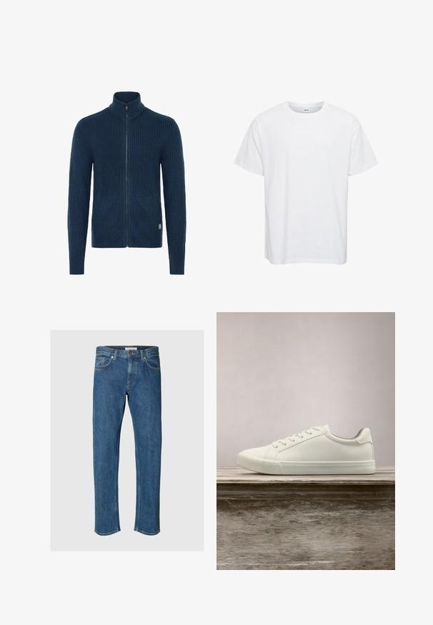 Strikket navy zip-up sweater med høj krave, der har ribbet tekstur og sidelommer. Afsluttet med en metal lynlås og logo-tag.; Hvid bomulds t-shirt med korte ærmer, rund halsudskæring og en afslappet pasform. Glat tekstur, ingen mønstre eller detaljer. Simpelt design.; Selected Straight fit 196 - Jeans Straight Leg - medium blue denim; Hvide snørresneakers svævende over en træbænk med grønne planter i baggrunden, der fremhæver skodesign og tekstur.