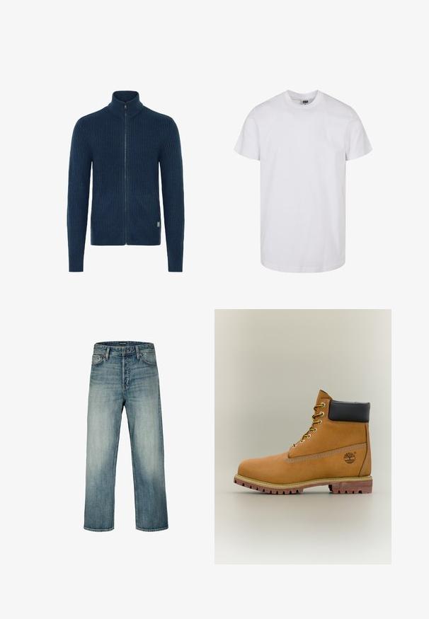 Gebreide marineblauwe zip-up trui met hoge kraag, voorzien van een ribbelstructuur en zijzakken. Afgewerkt met een metalen rits en een logo label.; Witte katoenen T-shirt met korte mouwen, ronde halslijn en een rechte zoom. Gladde textuur, geen patronen of afbeeldingen, gelabeld 'Urban Classic.'; Blauwe jeans met rechte pijpen, uitgebleekte wassing, knoop- en ritssluiting aan de voorkant, riemlussen en styling met vijf zakken.; Bruine leren enkellaars met zwarte kraag, gele veters en een zandkleurige zool. Voorzien van een logo en witte stikseldetails. Robuuste loopzool met grip.
