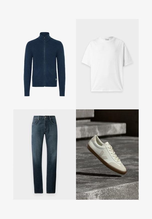 Strikket navy zip-up sweater med høj krave, der har ribbet tekstur og sidelommer. Afsluttet med en metal lynlås og logo-tag.; Almindelig hvid kortærmet t-shirt med rund hals lagt fladt på en lysegrå baggrund.; Mørke denimjeans med lige pasform, klassisk fem-lomme-design, kontrasterende syninger og en subtil slidt effekt på lårene.; Hvide læder sneakers med tanfarvet gummisål, flade snørebånd og V-formet detalje på siden. Har en glat overflade og minimale syninger.