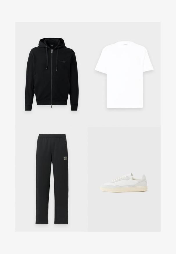 Μαύρο hoodie με φερμουάρ, φτιαγμένο από μαλακό ύφασμα, διαθέτοντας κουκούλα, κορδόνια και ανάγλυφο λογότυπο στο στήθος. Αεροδυναμική εφαρμογή με ριμπ μανσέτες.; Λευκό βαμβακερό μπλουζάκι με στρογγυλή λαιμόκοψη, κοντά μανίκια και χαλαρή γραμμή. Λείος υφασμάτινος σχηματισμός, ελάχιστες λεπτομέρειες και χωρίς μοτίβα ή γραφικά.; Μαύρο ίσιο παντελόνι φόρμας με ελαστική μέση και μαύρο λογότυπο γιακά στην άνω αριστερή πλευρά του μηρού.; Λευκό αθλητικό παπούτσι με επάνω μέρος από σουέτ και δέρμα με υφή. Διαθέτει στρογγυλή μύτη, κλείσιμο με κορδόνια και αντίθετη μπεζ καουτσούκ σόλα.