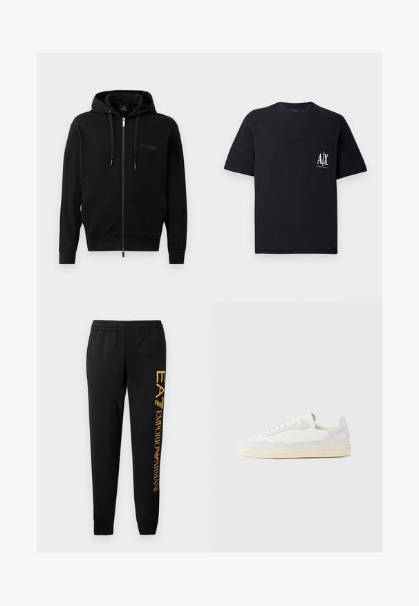 Sweat à zip noir en tissu doux, avec capuche, cordons de serrage et logo en relief sur la poitrine. Coupe ajustée avec poignets côtelés.; T-shirt en coton noir avec col rond et manches courtes. Présente une poche poitrine avec le logo blanc "A/X". Texture lisse, coupe décontractée.; Pantalon de survêtement noir avec une taille élastique et des ourlets resserrés. Présente une impression verticale de logo doré sur la jambe gauche. Fabriqué à partir d'un tissu doux.; Baskets blanches avec dessus en daim et cuir texturé. Caractérisées par un bout arrondi, une fermeture à lacets et une semelle en caoutchouc beige contrastante.