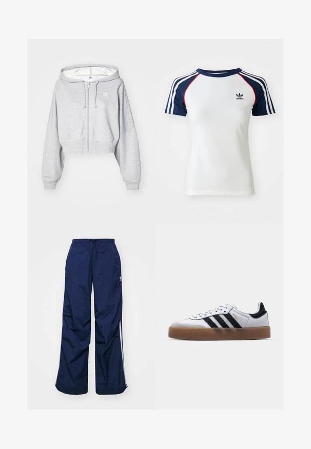 Sudadera cropped de color gris claro con cremallera y capucha ajustable, que presenta un logo blanco en el lado izquierdo del pecho y puños acanalados. Material suave.; Camiseta de algodón blanca con mangas raglán azul marino, que presenta tres franjas blancas y un pequeño logo de Adidas negro en el pecho. Acentos rojos.; Pantalones de color azul marino, ligeros, con cintura elástica y cordón ajustable, con franjas blancas laterales y un pequeño logo en la parte delantera. Diseño de corte holgado.; Zapatillas de cuero blancas con rayas negras, suela de goma, puntera redonda, cierre de cordones y caperuza de ante gris suave.