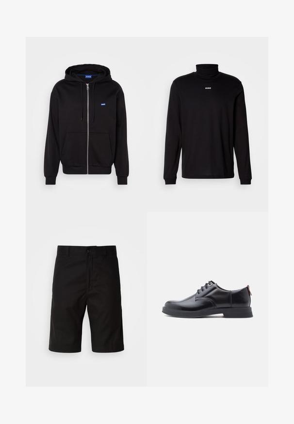 Schwarze Zip-Hoodie aus Baumwolle mit Kängurutasche, verstellbarem Kordelzug und blauen Logo auf der linken Brustseite.; Schwarzes Langarm-Turtleneck-Shirt aus glattem Stoff, mit einem weißen "HUGO"-Logo auf der Brust, eng anliegend an den Bündchen und dem Saum.; Schwarze Shorts aus festem Stoff, mit geradem Schnitt, Knopfverschluss und glatter Textur ohne sichtbare Muster.; Schwarze Leder-Schnürschuhe mit glatter Textur, rundem Zehenbereich und dezenten Ziernähten. Mit einem roten Laschenband an der Ferse.