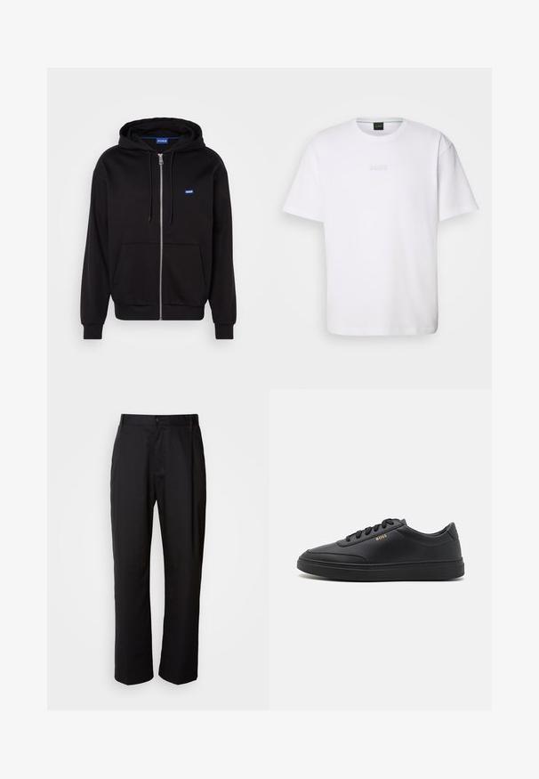 Schwarze Zip-Hoodie aus Baumwolle mit Kängurutasche, verstellbarem Kordelzug und blauen Logo auf der linken Brustseite.; Weißes Baumwoll-T-Shirt mit kurzen Ärmeln, rundem Ausschnitt und geprägtem "BOSS"-Logo auf der Brust. Glatte Textur, normale Passform.; Schwarze Hosen mit geradem Schnitt, aus leichtem Stoff gefertigt. Verfügt über einen vorderen Knopfverschluss und zwei seitliche Taschen; glatte Textur.; Schwarze Leder-Sneaker mit glatter Textur, runder Zehenpartie, flacher Gummisohle und einfarbigen Schnürsenkeln. Mit goldfarbenem "BOSS" Logo an der Seite.