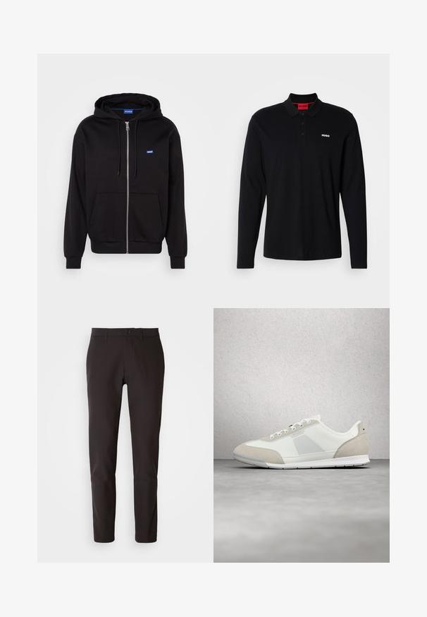 Schwarze Zip-Hoodie aus Baumwolle mit Kängurutasche, verstellbarem Kordelzug und blauen Logo auf der linken Brustseite.; Schwarzes Longsleeve-Polohemd aus Baumwolle mit rotem Kragen und Drei-Knopf-Leiste, ausgestattet mit einem weißen "HUGO"-Logo auf der Brust.; Schwarze Hose aus glattem Stoff, mit geradem Schnitt, standardmäßigem Bund mit Knopfverschluss und ohne sichtbare Taschen oder Muster.; Weiße und beige Freizeitsneaker mit Schnürsenkeln, strukturierten Einsätzen und dem "BOSS"-Logo an der Seite, schwebend über einem polierten Betonboden.