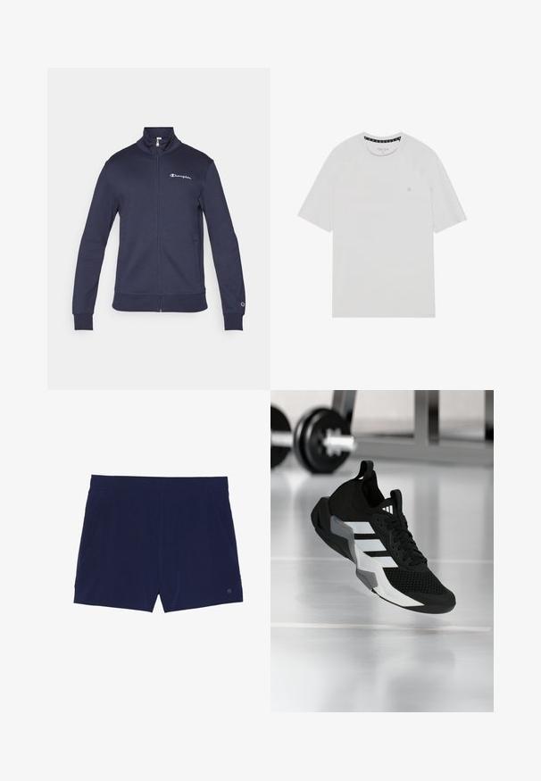 Veste de sport bleu marine zippée avec col haut, logo Champion sur la poitrine et la manche, et poches latérales.; T-shirt blanc à manches courtes avec col rond, présentant des manches raglan, un logo subtil sur la poitrine et des finitions contrastées au niveau du col.; Shorts de bain bleu marine en tissu léger, dotés d'une taille élastique et de deux poches latérales pour le rangement.; Chaussure de sport noire avec une tige en mesh, des rayures blanches et des accents gris. Dotée d'un col rembourré et d'une semelle en caoutchouc. Adaptée pour une utilisation en salle de sport.