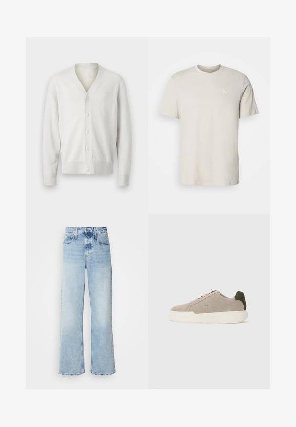Witte gebreide cardigan met een V-hals, zes knopen aan de voorkant, ribbelmanchetten en onderrand. Zachte textuur, eenvoudig ontwerp en lichtgewicht materiaal.; Beige katoenen T-shirt met korte mouwen en ronde hals, met een klein wit "cK"-logo op de linkerborst.; Lichtblauwe wijde jeans met een hoge taille, met een vervaagde afwerking, riemlussen en een klassieke vijf-pocketdesign. De zoom is ruig.; Beige suède sneakers met een witte rubberen zool, voorzien van een donkergroene hielaccent en subtiele branding aan de zijkant.