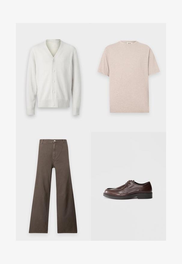 Hvid strikket cardigan med v-hals, seks knaplukninger foran, ribbet manchetter og kant. Blød tekstur, enkelt design og let materiale.; Kortærmet beige t-shirt lavet af blødt stof. Har rund halsudskæring, afslappet pasform og minimale syningsdetaljer ved kant og ærmer.; Brune brede bukser med høj talje, knaplukning, bælteslyngninger og synlige sømdetaljer på benene.; Brune lædersko med rund tå, minimal syning og en solid sort sål. Har snørelukning og en glat overflade.