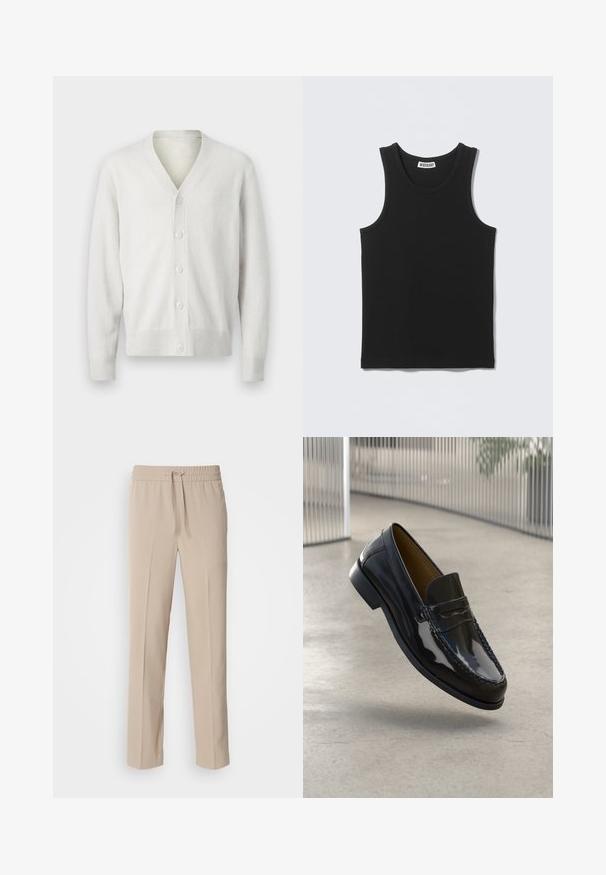 Hvid strikket cardigan med v-hals, seks knaplukninger foran, ribbet manchetter og kant. Blød tekstur, enkelt design og let materiale.; Sort ærmeløs ribbet tanktop med rund halsudskæring og Weekday-mærke på inderkraven bagpå.; Beige, afslappede bukser lavet af blødt materiale, med elastisk talje og snøre samt lige ben med minimale detaljer.; Sorte patentlæder loafer med en syet detalje, rund tå, lav hæl og glat overflade, præsenteret mod en neutral baggrund.