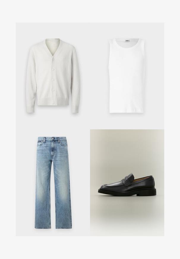 Witte gebreide cardigan met een V-hals, zes knopen aan de voorkant, ribbelmanchetten en onderrand. Zachte textuur, eenvoudig ontwerp en lichtgewicht materiaal.; Witte katoenen mouwloze tanktop met een ronde halslijn en een gladde textuur. Eenvoudig ontwerp, geen patronen of accenten.; Lichtblauwe denim jeans met rechte pijpen, een hoge taille, vijf zakken, knoopsluiting en subtiele vervaging op de dijen en knieën.; Zwarte leren herenloafer met een lage hak en een banddetail over het bovenwerk, getoond in profiel op een neutrale achtergrond.