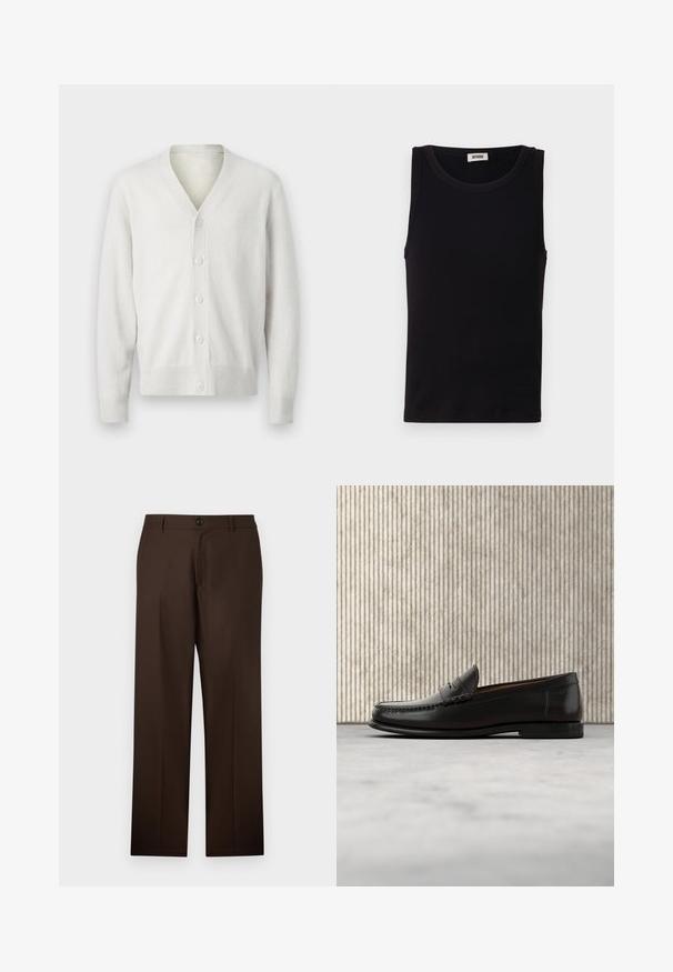 Hvid strikket cardigan med v-hals, seks knaplukninger foran, ribbet manchetter og kant. Blød tekstur, enkelt design og let materiale.; Sort sansædet tanktop lavet af blød bomuld. Har en rund halsudskæring og lige pasform, med minimal syningdetalje.; Brune, skræddersyede bukser med lige ben-design, knaplukning og glat stoftekstur. Ingen synlige mønstre eller accenter.; Sort læder penny loafer med lav hæl, rundet tå og syningsdetaljer langs fronten og siderne, vist på neutral baggrund.